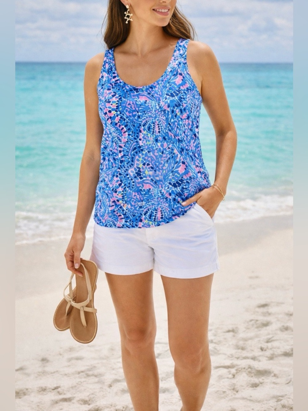 Lilly Pulitzer Tank Top Small Blue Pink Tropical Print‎ Pima Cotton